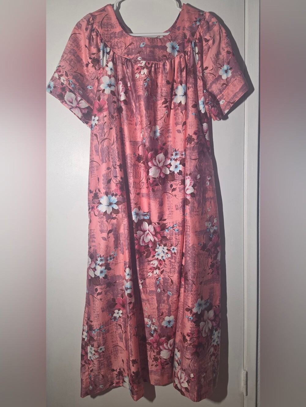 Sears 100% Cotton Vintage Hawaiian Inspired Pink Floral Short-Sleeve Nightgown